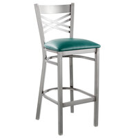 Lancaster Table & Seating Clear Coat Steel Cross Back Bar Height Chair with 2 1/2 inch Green Vinyl Seat - Detached Seat