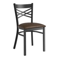 Lancaster Table & Seating Black Finish Cross Back Chair with 2 1/2" Dark Brown Vinyl Padded Seat - Detached