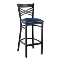 Lancaster Table & Seating Black Finish Cross Back Bar Stool with 2 1/2" Navy Vinyl Padded Seat - Assembled