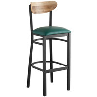 Lancaster Table & Seating Boomerang Bar Height Black Chair with Green Vinyl Seat and Driftwood Back