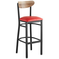 Lancaster Table & Seating Boomerang Bar Height Black Chair with Red Vinyl Seat and Driftwood Back