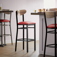 Lancaster Table & Seating Boomerang Bar Height Black Chair with Red Vinyl Seat and Driftwood Back