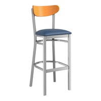 Lancaster Table & Seating Boomerang Series Clear Coat Finish Bar Stool with Navy Vinyl Seat and Cherry Wood Back