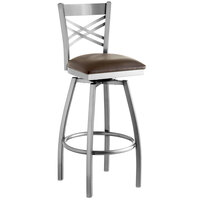 Lancaster Table & Seating Clear Coat Finish Cross Back Swivel Bar Stool with 2 1/2" Dark Brown Vinyl Padded Seat