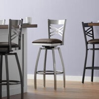 Lancaster Table & Seating Clear Coat Finish Cross Back Swivel Bar Stool with 2 1/2 inch Dark Brown Vinyl Padded Seat