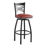 Lancaster Table & Seating Black Finish Cross Back Swivel Bar Stool with 2 1/2" Burgundy Vinyl Padded Seat