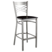 Lancaster Table & Seating Clear Coat Steel Cross Back Bar Height Chair with Black Wood Seat - Preassembled