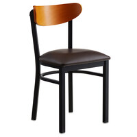Lancaster Table & Seating Boomerang Black Finish Chair with 2 1/2 inch Dark Brown Vinyl Padded Seat and Cherry Wood Back