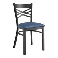 Lancaster Table & Seating Black Finish Cross Back Chair with 2 1/2" Navy Vinyl Padded Seat