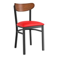 Lancaster Table & Seating Boomerang Series Black Finish Chair with Red Vinyl Seat and Antique Walnut Wood Back