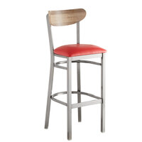 Lancaster Table & Seating Boomerang Bar Height Clear Coat Chair with Red Vinyl Seat and Driftwood Back