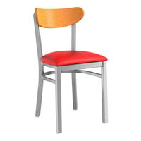 Lancaster Table & Seating Boomerang Series Clear Coat Finish Chair with Red Vinyl Seat and Cherry Wood Back