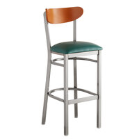 Lancaster Table & Seating Boomerang Bar Height Clear Coat Chair with Green Vinyl Seat and Cherry Back