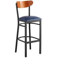 Lancaster Table & Seating Boomerang Bar Height Black Chair with Navy Vinyl Seat and Cherry Back