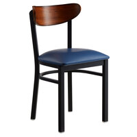 Lancaster Table & Seating Boomerang Black Finish Chair with 2 1/2" Navy Vinyl Padded Seat and Antique Walnut Wood Back