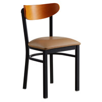 Lancaster Table & Seating Boomerang Black Finish Chair with 2 1/2 inch Light Brown Vinyl Padded Seat and Cherry Wood Back