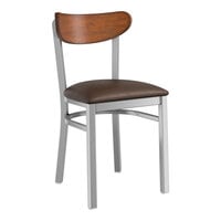 Lancaster Table & Seating Boomerang Series Clear Coat Finish Chair with Dark Brown Vinyl Seat and Antique Walnut Wood Back