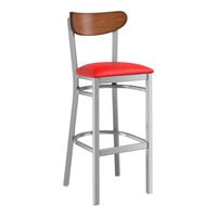 Lancaster Table & Seating Boomerang Series Clear Coat Finish Bar Stool with Red Vinyl Seat and Antique Walnut Wood Back