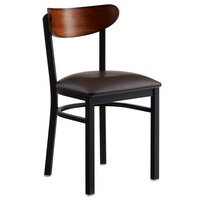 Lancaster Table & Seating Boomerang Black Finish Chair with 2 1/2 inch Dark Brown Vinyl Padded Seat and Antique Walnut Wood Back