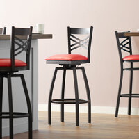 Lancaster Table & Seating Black Finish Cross Back Swivel Bar Stool with 2 1/2 inch Red Vinyl Padded Seat