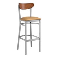Lancaster Table & Seating Boomerang Series Clear Coat Finish Bar Stool with Light Brown Vinyl Seat and Antique Walnut Wood Back