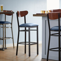 Lancaster Table & Seating Boomerang Bar Height Black Chair with Navy Vinyl Seat and Antique Walnut Back