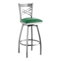 Lancaster Table & Seating Clear Coat Finish Cross Back Swivel Bar Stool with 2 1/2" Green Vinyl Padded Seat