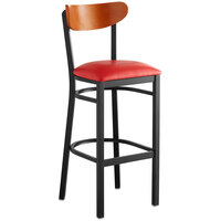 Lancaster Table & Seating Boomerang Bar Height Black Chair with Red Vinyl Seat and Cherry Back