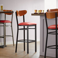 Lancaster Table & Seating Boomerang Bar Height Black Chair with Red Vinyl Seat and Cherry Back