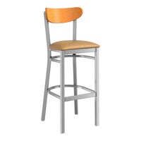 Lancaster Table & Seating Boomerang Series Clear Coat Finish Bar Stool with Light Brown Vinyl Seat and Cherry Wood Back