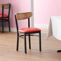 Lancaster Table & Seating Boomerang Black Finish Chair with 2 1/2 inch Red Vinyl Padded Seat and Driftwood Back
