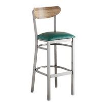 Lancaster Table & Seating Boomerang Bar Height Clear Coat Chair with Green Vinyl Seat and Driftwood Back