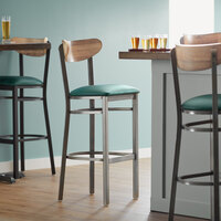 Lancaster Table & Seating Boomerang Bar Height Clear Coat Chair with Green Vinyl Seat and Driftwood Back