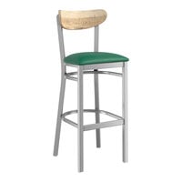 Lancaster Table & Seating Boomerang Series Clear Coat Finish Bar Stool with Green Vinyl Seat and Driftwood Back