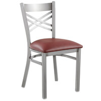 Lancaster Table & Seating Clear Coat Steel Cross Back Chair with 2 1/2 inch Burgundy Vinyl Seat - Detached Seat