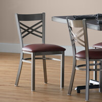 Lancaster Table & Seating Clear Coat Steel Cross Back Chair with 2 1/2 inch Burgundy Vinyl Seat - Detached Seat