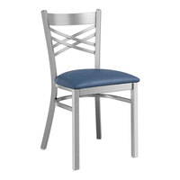 Lancaster Table & Seating Clear Coat Finish Cross Back Chair with 2 1/2" Navy Vinyl Padded Seat - Assembled