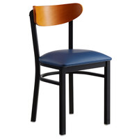 Lancaster Table & Seating Boomerang Black Finish Chair with 2 1/2 inch Navy Vinyl Padded Seat and Cherry Wood Back