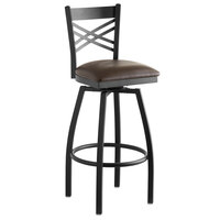 Lancaster Table & Seating Cross Back Bar Height Black Swivel Chair with Dark Brown Vinyl Seat