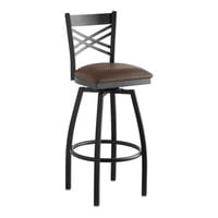 Lancaster Table & Seating Black Finish Cross Back Swivel Bar Stool with 2 1/2" Dark Brown Vinyl Padded Seat