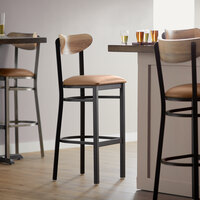 Lancaster Table & Seating Boomerang Bar Height Black Chair with Light Brown Vinyl Seat and Driftwood Back