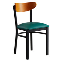 Lancaster Table & Seating Boomerang Black Finish Chair with 2 1/2 inch Green Vinyl Padded Seat and Cherry Wood Back