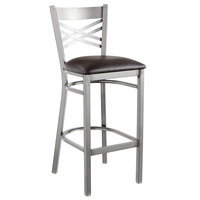 Lancaster Table & Seating Clear Coat Finish Cross Back Bar Stool with 2 1/2" Dark Brown Vinyl Padded Seat