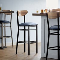 Lancaster Table & Seating Boomerang Bar Height Black Chair with Navy Vinyl Seat and Driftwood Back