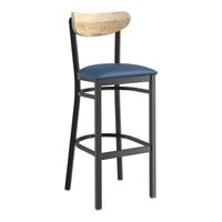Lancaster Table & Seating Boomerang Series Black Finish Bar Stool with Navy Vinyl Seat and Driftwood Back