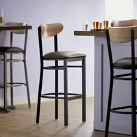 Lancaster Table & Seating Boomerang Bar Height Black Chair with Dark Brown Vinyl Seat and Driftwood Back