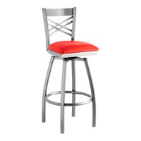 Lancaster Table & Seating Clear Coat Finish Cross Back Swivel Bar Stool with 2 1/2" Red Vinyl Padded Seat
