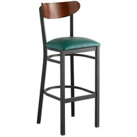 Lancaster Table & Seating Boomerang Bar Height Black Chair with Green Vinyl Seat and Antique Walnut Back