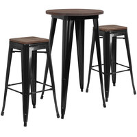 Flash Furniture CH-WD-TBCH-23-GG 24 inch Round Black Rustic Galvanized Steel and Wood Bar Height Table with 2 Backless Stools