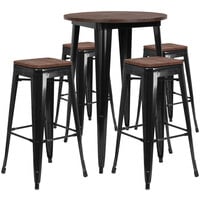 Flash Furniture CH-WD-TBCH-26-GG 30 inch Round Black Rustic Galvanized Steel and Wood Bar Height Table with 4 Backless Stools